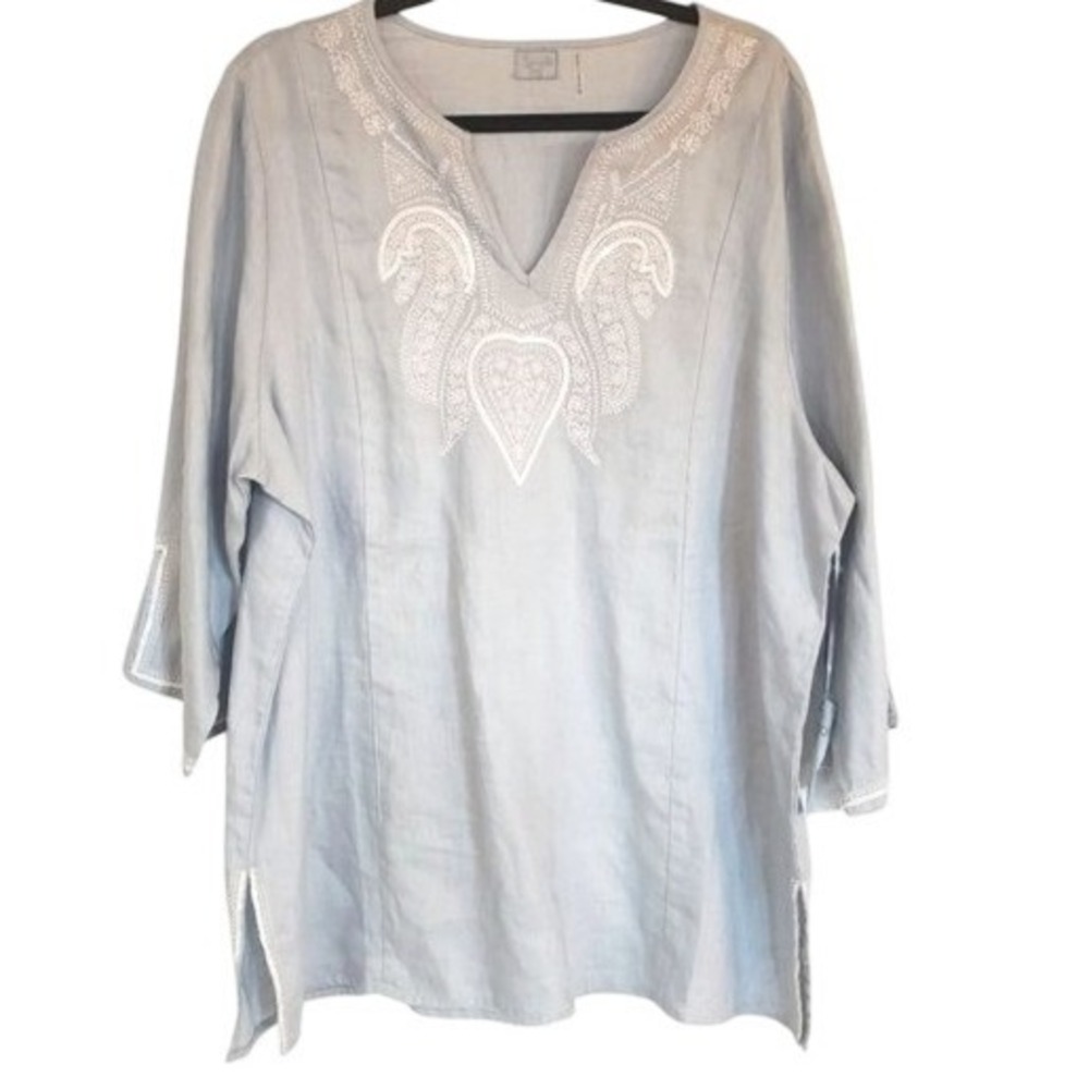 Womans Symple Linen blouse size‎ 1X organic linen beaded embroidered blue New